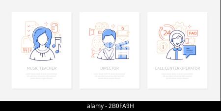 Different professions - line design style banners set with place for text. Music teacher, film director, call center operator professions. Male, femal Stock Vector