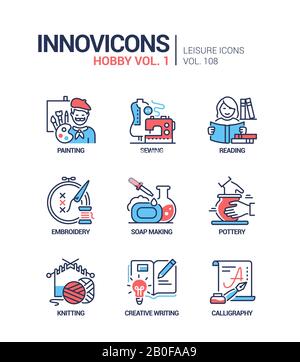 Hobby and activities - line design style icons set. Leisure, education and entertainment. Painting, sewing, reading, embroidery, soap making, pottery, Stock Vector
