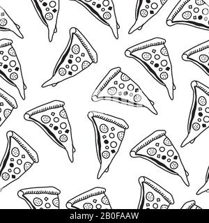 Pizza seamless pattern. Delicious pizza slices with melted cheese sketch. Modern hand drawn vector illustration, doodle style. Fast food concept. Menu Stock Vector