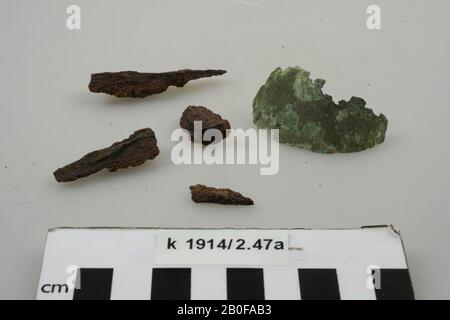 Five metal fragments. Four of the same kind of metal and another fragment., Metal fragments, metal, 4,8 x 2,7 cm (the largest fragment), roman, Netherlands, North Brabant Stock Photo