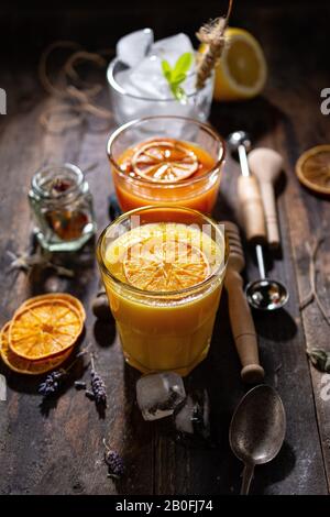 Fresh orange juice.Delicious vitamin breakfast.Healthy food and drink.Sweet dessert. Stock Photo