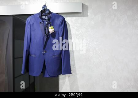 blue bow tie on blue jacket Stock Photo