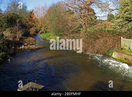 A view of the River Glaven downstream of Letheringsett Watermill near Holt in North Norfolk at Letheringsett, Norfolk, England, UK, Europe. Stock Photo