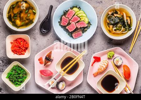 Table with traditional japanese food, top view. Stock Photo