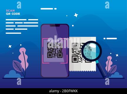 scan qr code with smartphone and magnifying glass Stock Vector