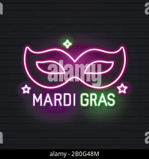 Mardi Gras Masquerade Mask. Shiny Neon Lamps Glow Stylization on Black Brick Wall. Venetian Carnival, Playbill, Night Club Invitation. Beautiful Stock Vector