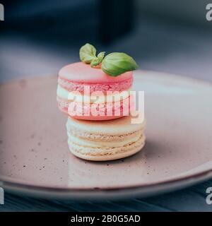 Pink raspberry and beige vanilla macaroons on a ceramic plate Stock Photo