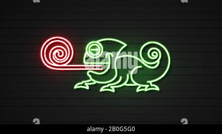 Neon Chameleon Logotype On Black Background. Green Animal Silhouette On Black Backdrop. Stock Vector