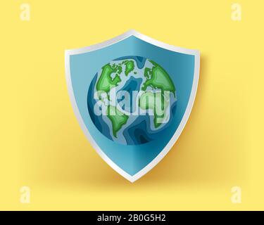 World earth day background concept. The globe on blue shield on yellow background. Vector illustration. Digital craft paper art. wallpaper, backdrop, Stock Vector
