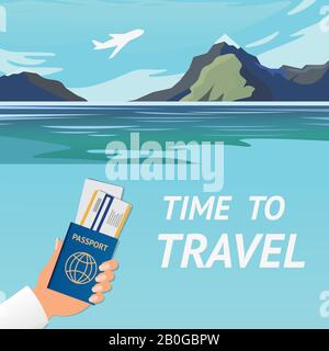 Unbelievable mountain landscape. Vector illustration. Exciting view. A great mountain is surrounded river. Passport for travel and tourism. Travel to Stock Vector