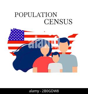 Population census. Silhouettes of man, woman and child against the background of the American flag. Isolated on white background. Stock Vector