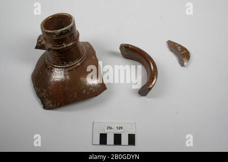 3 shards of stoneware: complete neck of a jug and part of the ear loose., jug, fragments, pottery, stoneware, 12.6 x 11.5 x 7.5 cm (largest fragment), The Netherlands, unknown, unknown, unknown Stock Photo