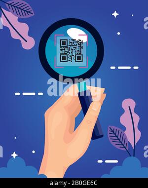 hand and qr code in magnifying glass Stock Vector
