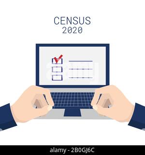 Population census 2020. Hands typing on a laptop keyboard. Isolated on white background. Vector stock illustration Stock Vector