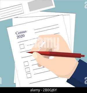 Population census. Hand holds pen over census form 2020. Vector stock illustration. Flat design on blue background Stock Vector
