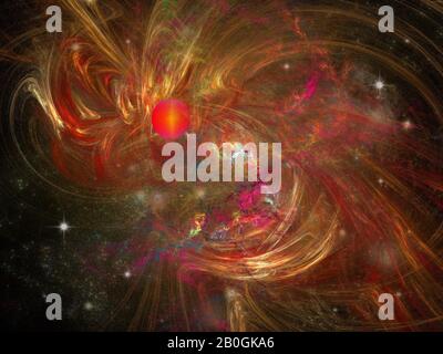 Imaginary image of a galaxy with red dwarf surrounded by galaxy clouds. Stock Photo