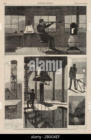 After Winslow Homer, American, 1836–1910, Watch Tower, Corner of Spring and Varick Streets, New York, From Harper's Weekly, vol. 18, 28 Feb. 1874, Wood engraving on newsprint, Image: 13 3/4 x 9 3/16 in. (34.9 x 23.3 cm Stock Photo