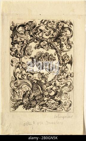 After Martin Schongauer, German, c. 1430–1491, Panel Ornament with an Owl, original: 1480, Engraving on laid paper, image: 5 5/8 x 3 7/8 in. (14.3 x 9.8 cm Stock Photo