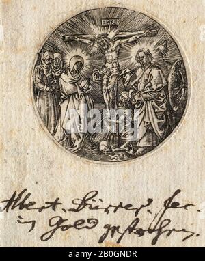 After Albrecht Dürer, German, 1471–1528, The Crucifixion Called the Sword Pommel of Maximilian, 1568, Engraving on paper, Image diameter: 1 7/16 in. (3.6 cm Stock Photo