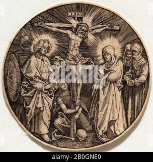 Karl Kappes, German, 1821–1857, After Albrecht Dürer, (German, 1471–1528), The Crucifixion Called the Sword Pommel of Maximilian, 1568, Engraving on paper, Diameter: 1 3/8 in. (3.5 cm Stock Photo