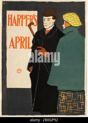 Edward Penfield, American, 1866–1925, Man in Black Coat with Woman in Green Cape, April Harper's, 1885–1915, Zincograph on paper, sheet: 17 3/4 x 13 5/16 in. (45.1 x 33.8 cm Stock Photo