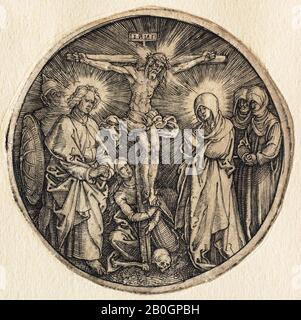 Albrecht Dürer, German, 1471–1528, The Crucifixion Called the Sword Pommel of Maximilian, c. 1518, Engraving on paper, Overall: 1 7/16 in. (3.7 cm Stock Photo