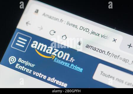 Paris, France - February, 20, 2020 : Amazon website homepage. It is an American electronic commerce and cloud computing company. Amazon.com logo visib Stock Photo