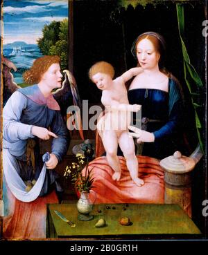 Master of the Female Half-Lengths, South Netherlandish, active 1st half of 16th century, The Virgin and Child with an Angel, 1525–50, Oil on panel, 23 3/4 x 20 5/16 in. (60.3 x 51.6 cm Stock Photo