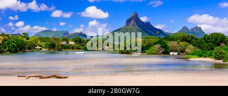 Impressive nature of Mauritius island. view of Rempart mountains from Tamarin bay Stock Photo