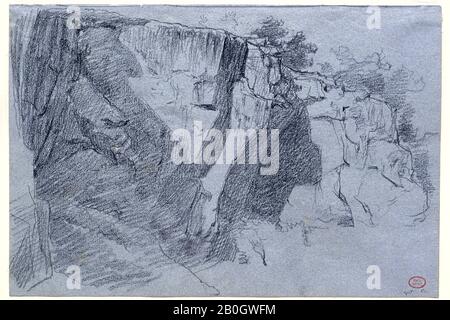Paul Huet, French, 1803–1869, Landscape with Cliff, 1862, Black chalk on blue laid paper, Overall: 8 9/16 x 12 5/8 in. (21.8 x 32.1 cm Stock Photo