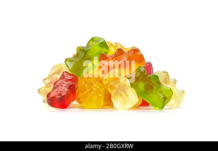 Macro of Assorted Fruit Flavored Gummy Bears or Cannabis Edibles Isolated on White Background Stock Photo