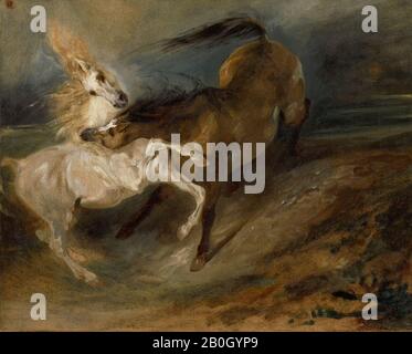 Ferdinand-Victor-Eugène Delacroix, French, 1798–1863, Two Horses Fighting in a Stormy Landscape, c. 1828, Oil on canvas, 14 1/2 x 18 1/16 in. (36.8 x 45.9 cm Stock Photo