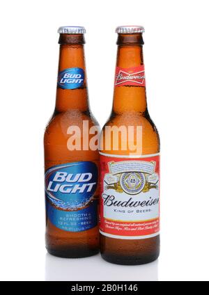 IRVINE, CA - MAY 27, 2014: A bottle of Budweiser and Bud Light with condensation. From Anheuser-Busch InBev, Budweiser and Bud Light are top selling d Stock Photo