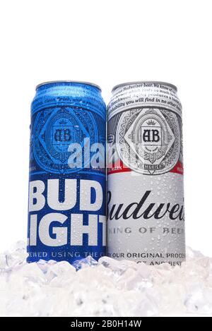 IRVINE, CALIFORNIA - MARCH 21, 2018: Budweiser and Bud Light King Cans in ice. Budweiser and Bud Light are two of the most popular beers in the U.S. Stock Photo
