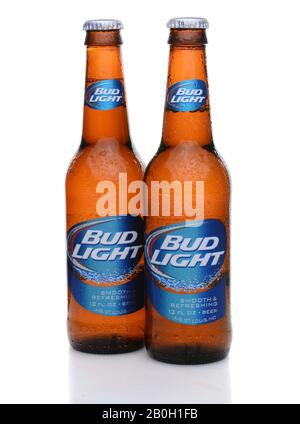 IRVINE, CA - MAY 27, 2014: Two bottles of Bud Light with condensation. From Anheuser-Busch InBev, Bud Light is the top selling domestic beer in the Un Stock Photo