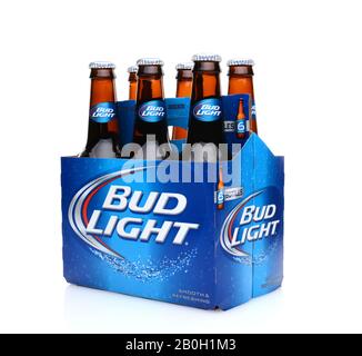 IRVINE, CA - MAY 25, 2014: A three quarters view of a 6 pack of Bud Light beer. From Anheuser-Busch InBev, Bud Light is the number one selling domesti Stock Photo