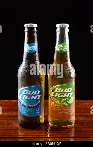 IRVINE, CA - JUNE 18, 2015: Bud Light and Bud Light Lime bottles. Bud Light is one of the most popular domestic brands of beer. Stock Photo