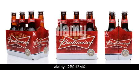 IRVINE, CA - MAY 25, 2014: Three 6 packs of Budweiser, side view, end view and 3/4 view. Stock Photo