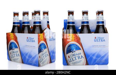 IRVINE, CA - MAY 25, 2014: A 6 pack of Michelob Ultra, side view and 3/4 view. Stock Photo
