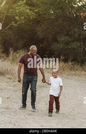 Happy father and son holding hands and walking in field Stock Photo
