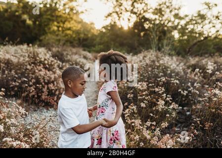 Close up view of brother and sister holding hands and playing in field Stock Photo