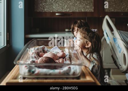 Sisters looking at newborn brother in hospital bassinet Stock Photo