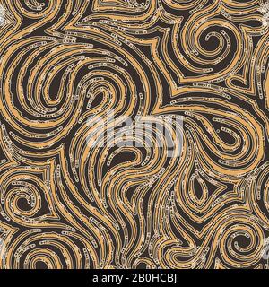 Abstract vector seamless pattern of lines in the form of spirals of loops and curls with circles or bubbles.Texture for the design of fabrics or Stock Vector