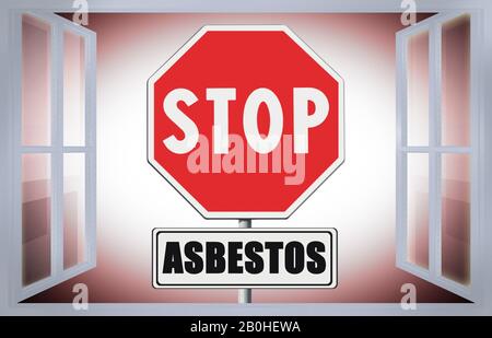 Stop asbestos concept image on road sign view from the window Stock Photo