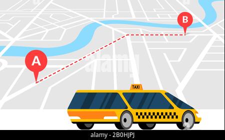 Taxi ordering and navigation service concept. A to B route with geotag gps location pin arrival address on isometric city map and modern yellow cab. Get taxicab flat vector illustration Stock Vector