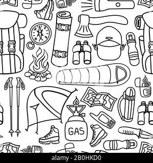 Outdoor sports seamless pattern. Hiking and backpacking background