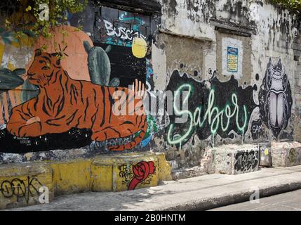 Colorful street art and graffiti decorate an old wall on Calle de la Sierpe (Calle 29) in Getsemani, Cartagena, Colombia Stock Photo