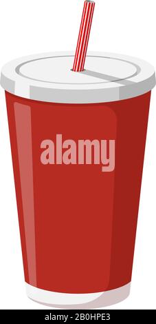 Red disposable paper or plastic beverage cup packaging template with drinking straw for soda or fresh juice cocktail. Vector eps illustration isolated on white background Stock Vector