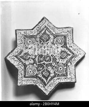 Star-Shaped Tile, Star-shaped tile, 1260–70, Made in Iran, probably Kashan, Stonepaste; luster-painted on opaque white glaze under transparent glaze, Diam. of tile: 8 in. (20.3 cm), Group of 20 Joined tiles: H. 74 5/8 in. (189.5 cm), W. 105 in. (266.7 cm), D. 2 5/8 in. (6.6 cm), Wt. (whole group): 51 lbs. (23.1 kg), Ceramics-Tiles Stock Photo