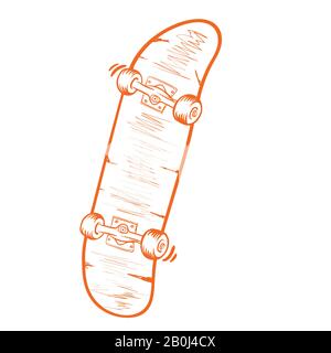 Skateboard. Vector flat outline icon illustration isolated orange on white background. Stock Vector